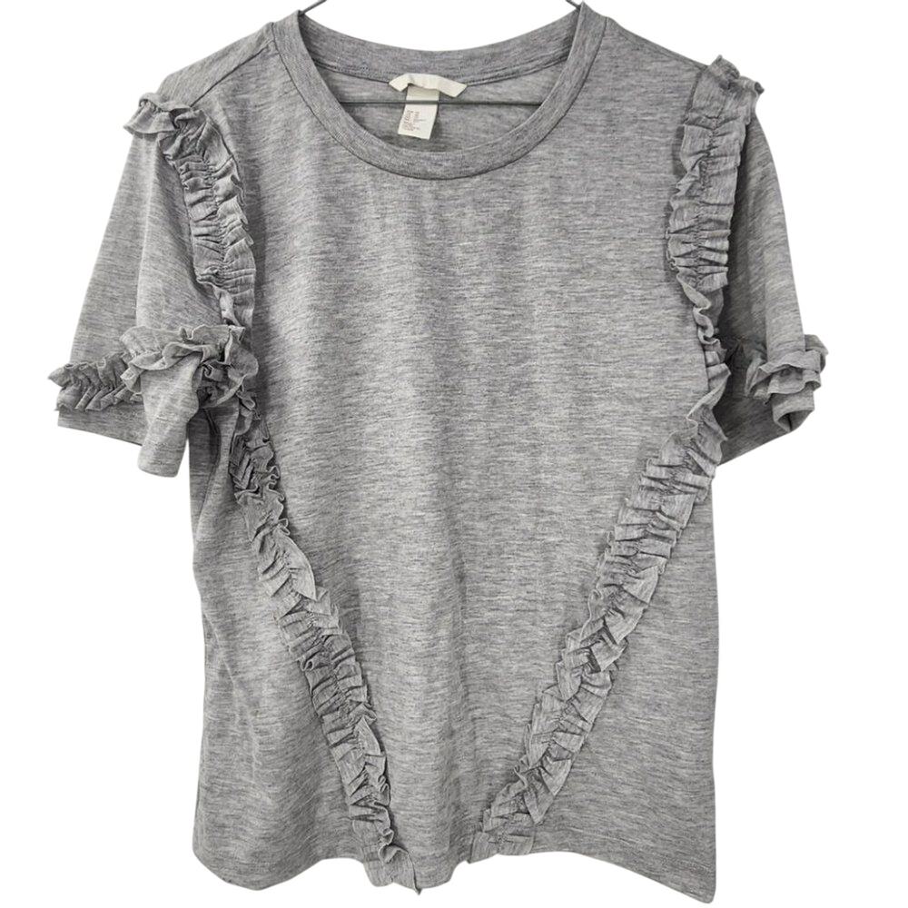 H&M Gray Ruffled Short Sleeve T-Shirt Top Womens Size XS Extra Small